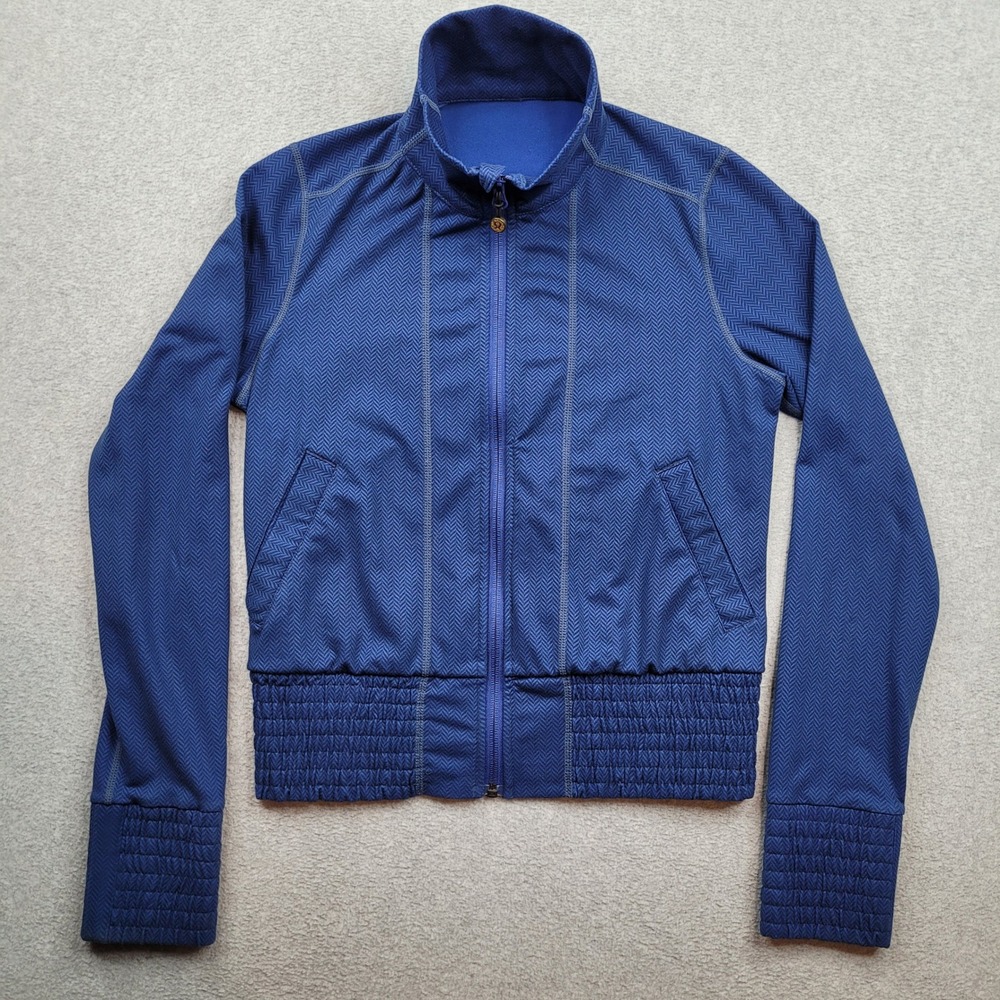 Lululemon Track Jacket Women Size 6 Blue Herringbone Full Zip Smocked Hem